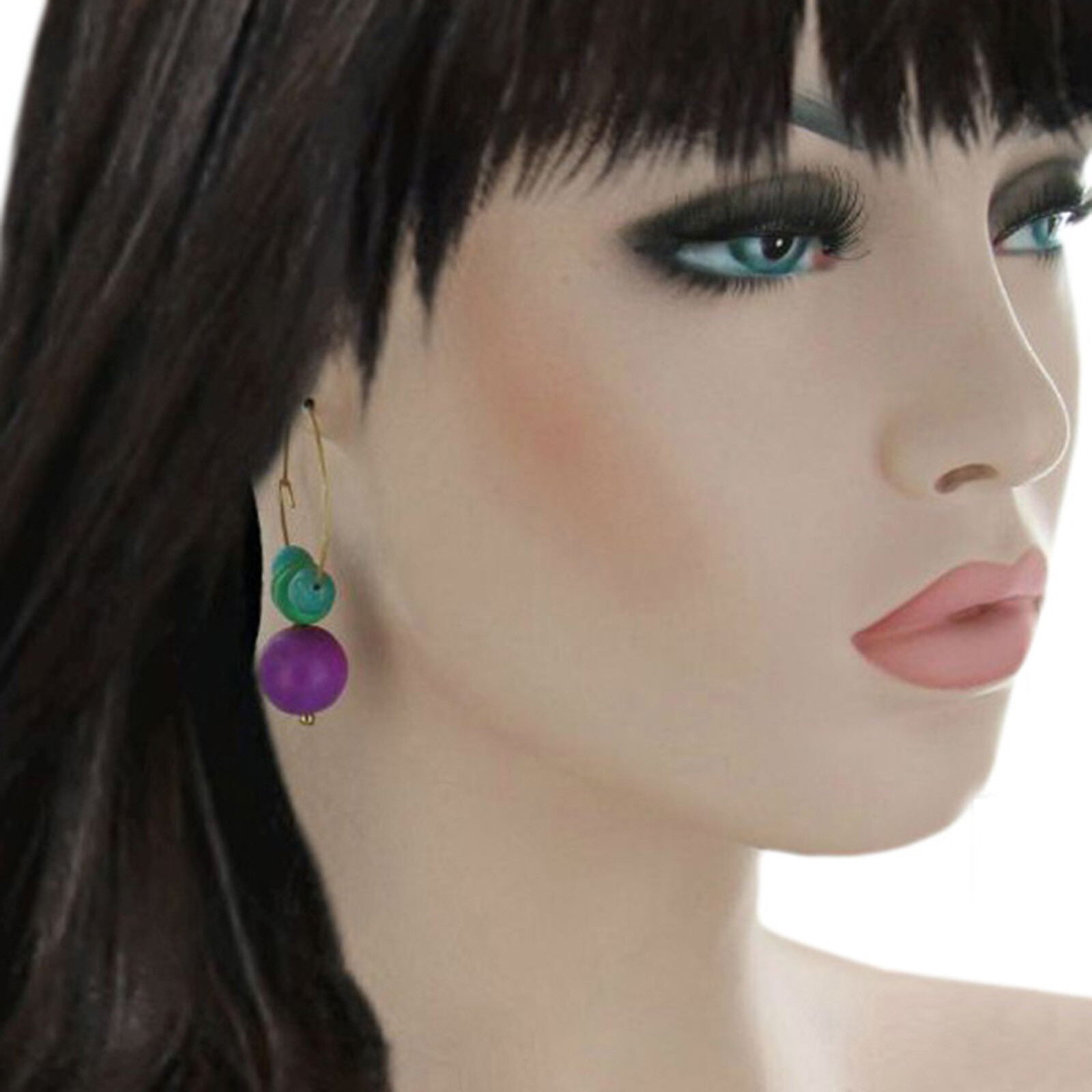 Purple Green Blue Wood Beaded Wire Pierced Hoop Earrings 1 1/4″