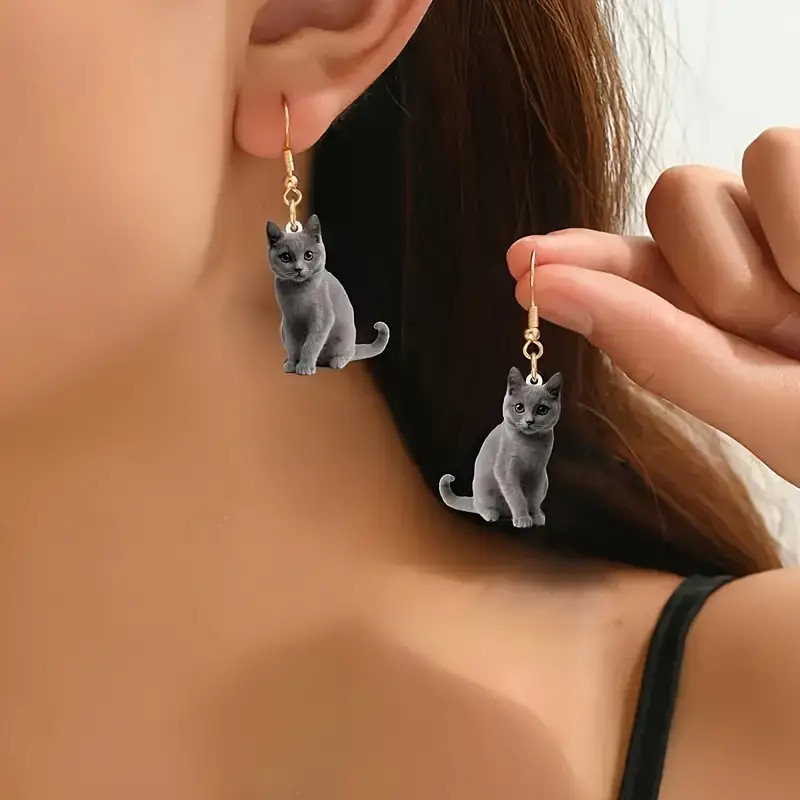 Cat Gray Earrings Jewelry Acrylic Dangle Russian Blue British Shorthair Chartreu