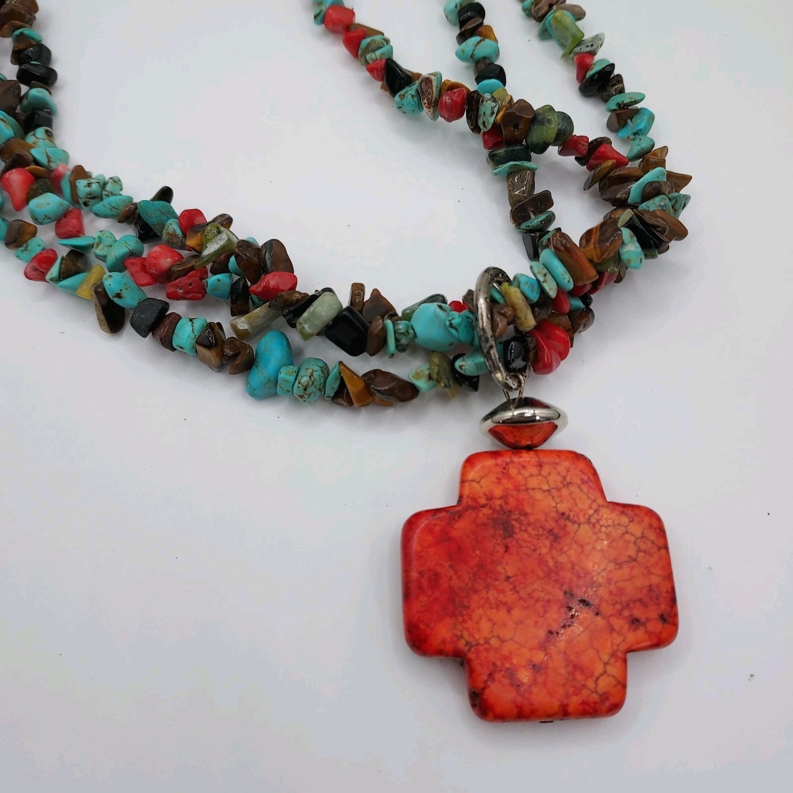 Chunky Necklace Sponge Coral Turquoise Stone Nuggets 3 Strand Beach Colorful
