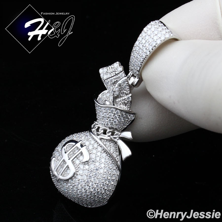 MEN SOLID 925 STERLING SILVER ICY MOISSANITE 3D $ SIGN MONEY BAG PENDANT*MP561