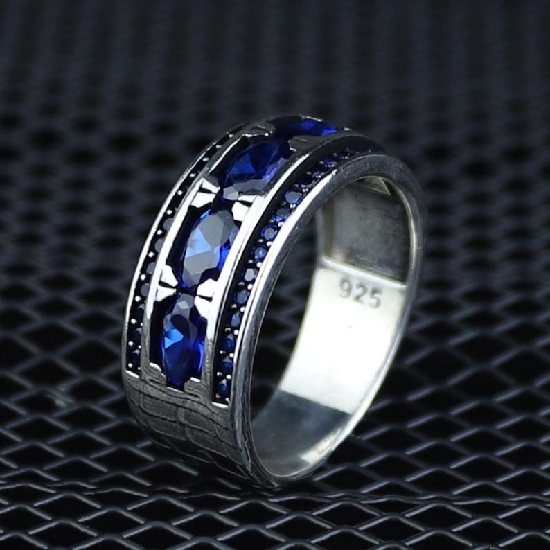 Blue Sapphire Band Ring 925 Sterling Silver Ring Wedding Band Ring Unisex Ring