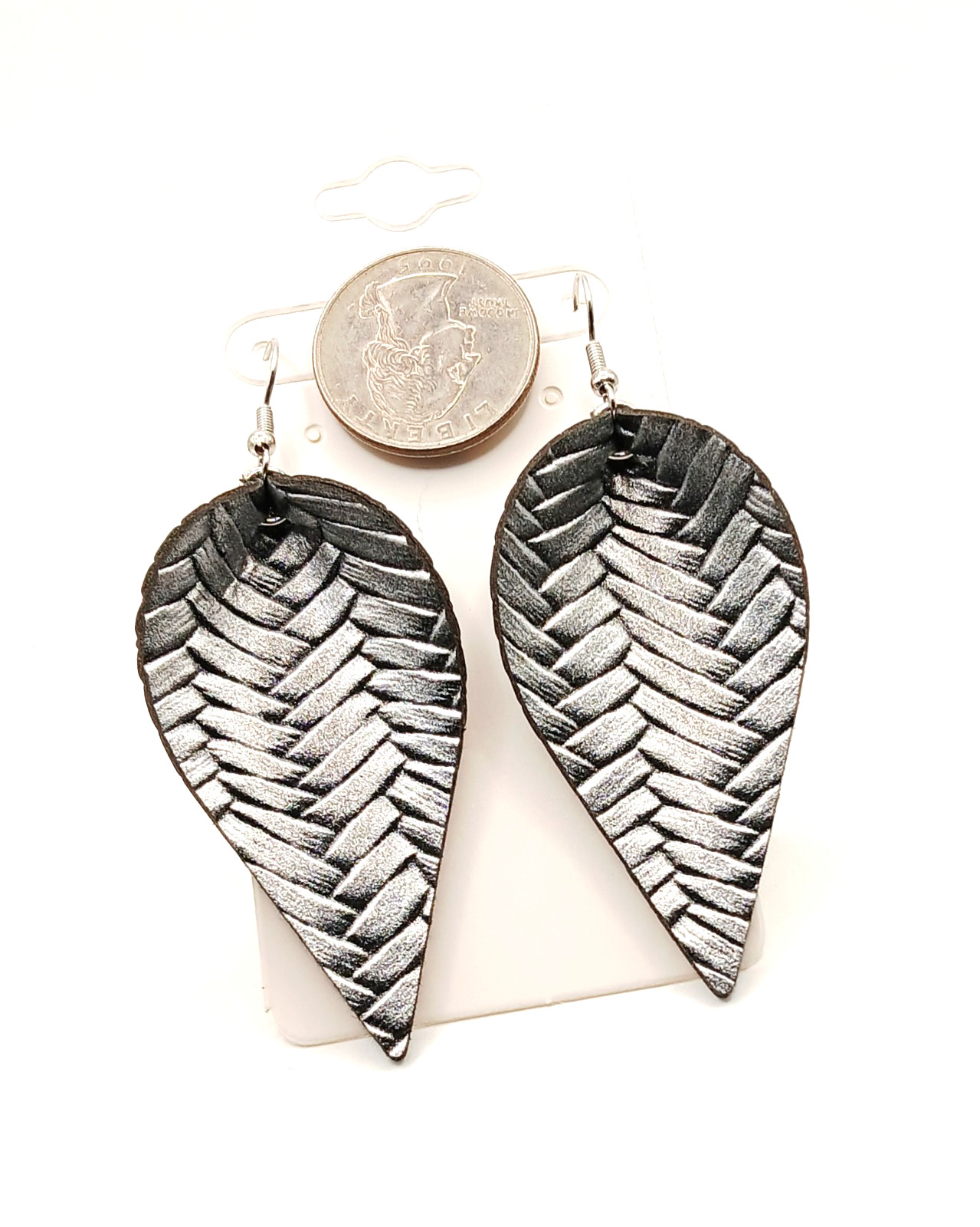 Extra Long 3 in. Silver/Grey Leaf Drop Dangle Pierced Earrings … #769