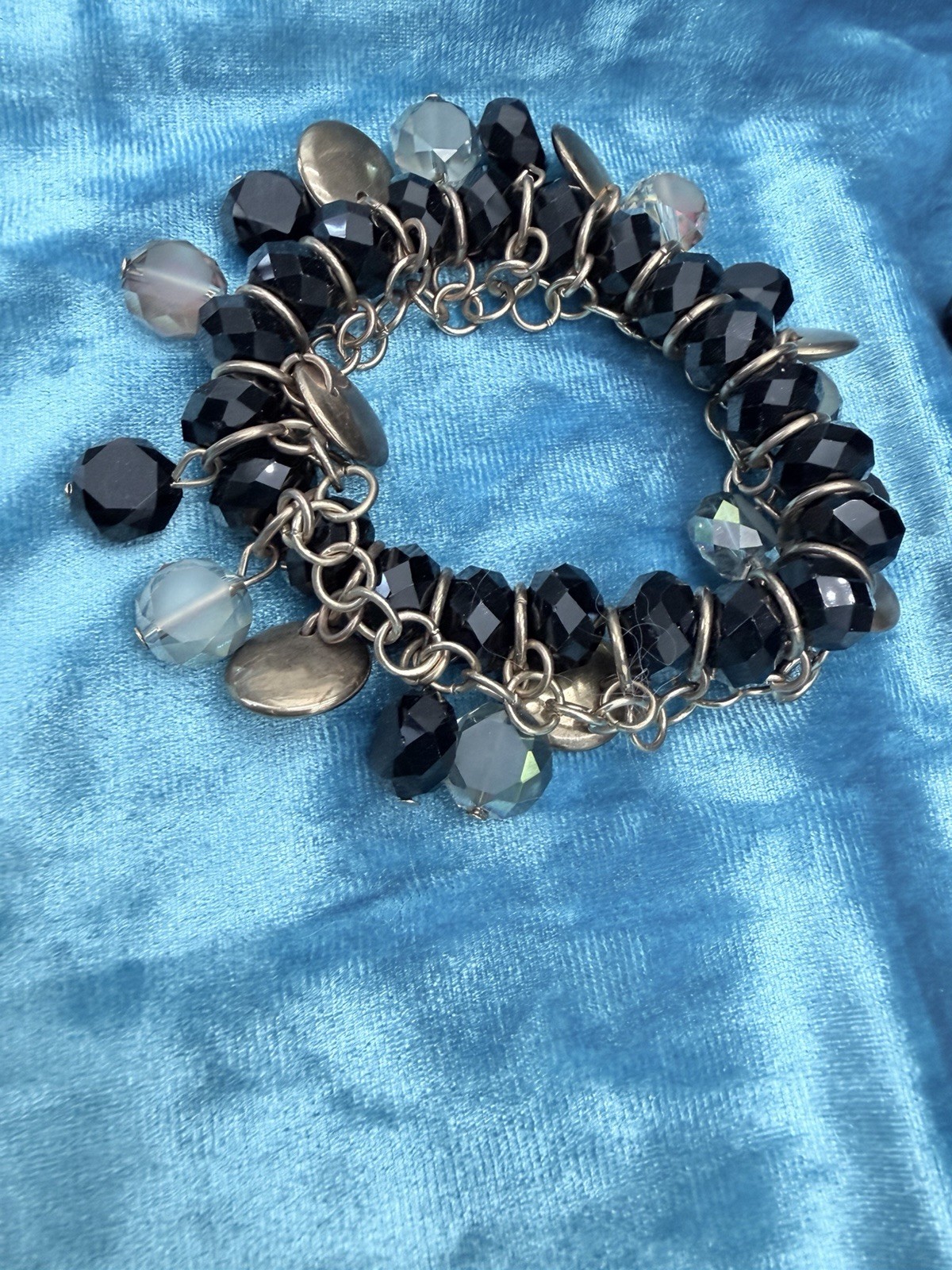 JS Gold Tone Black Gray Beaded Charm Signed Set Necklace Bracelet Earrings
