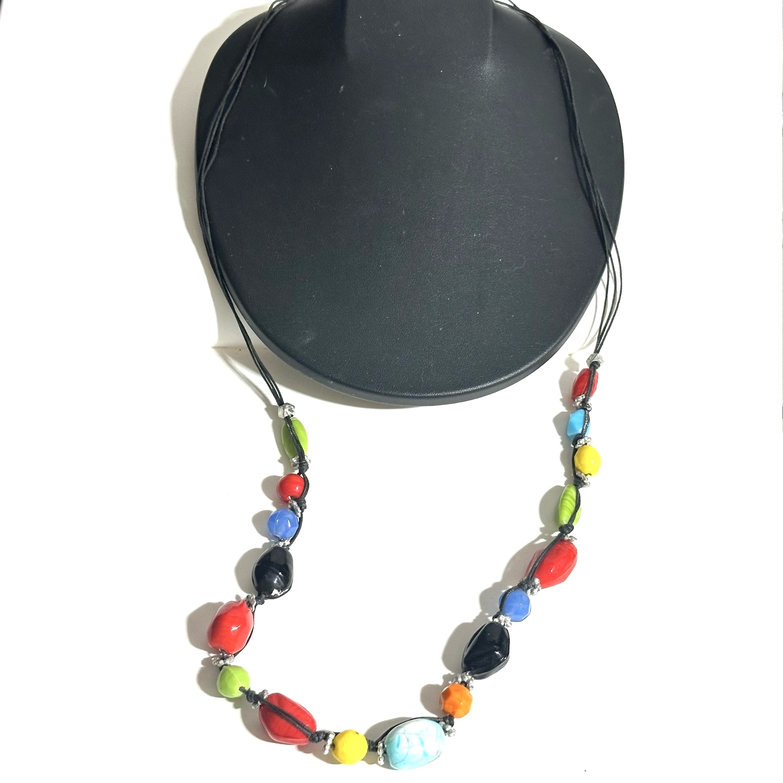 Boho Hippie Festival Long Necklace Colorful Glass & Ceramic Beads Leather Cord