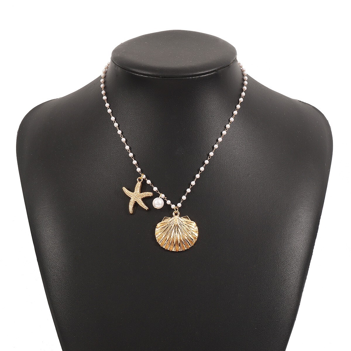 Gold Starfish Necklace Seashell White Pearl Clam Shell Pendant Necklace