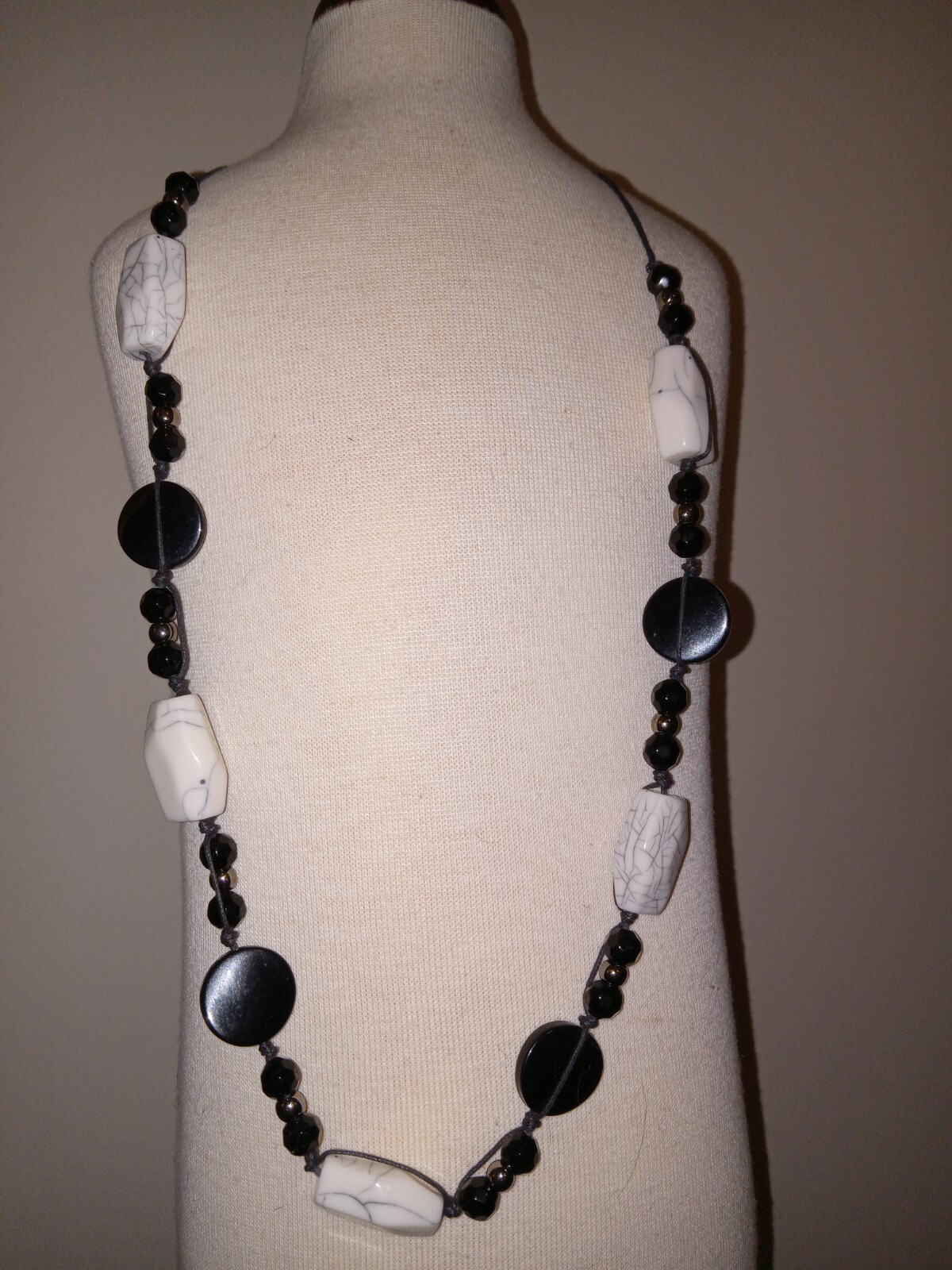 35-Inch Black White Silver Beaded Necklace