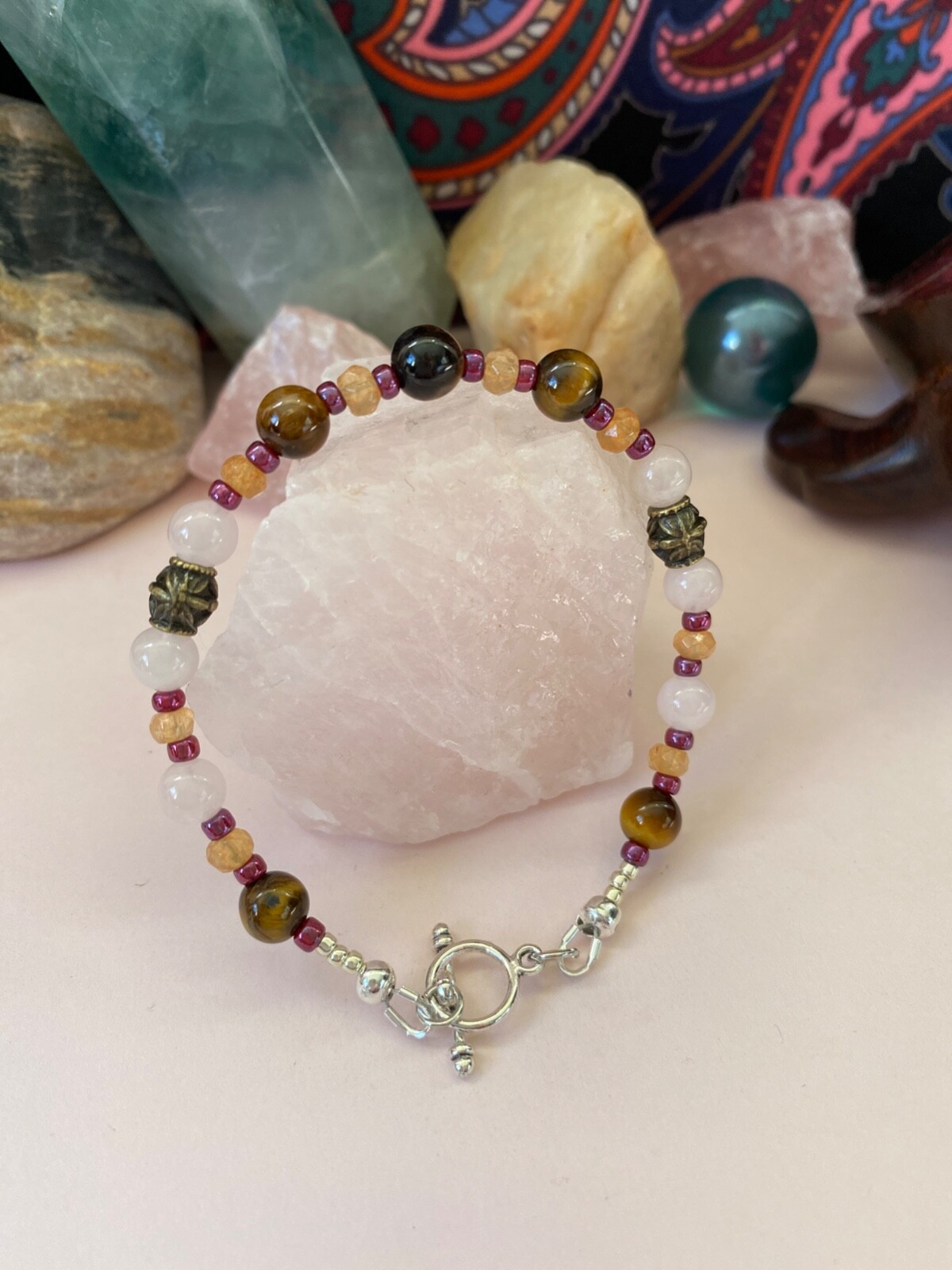 Women’s Tiger’s Eye & Rose Quartz Bracelet w/Jade. 6 in. Toggle Closure.