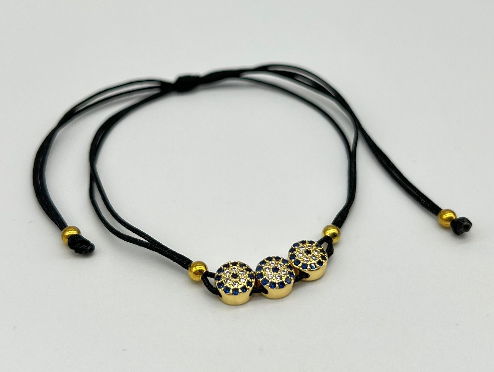 Black String Bracelet Cubic Zirconia Crystal Three Blue Evil Eye Gold Color