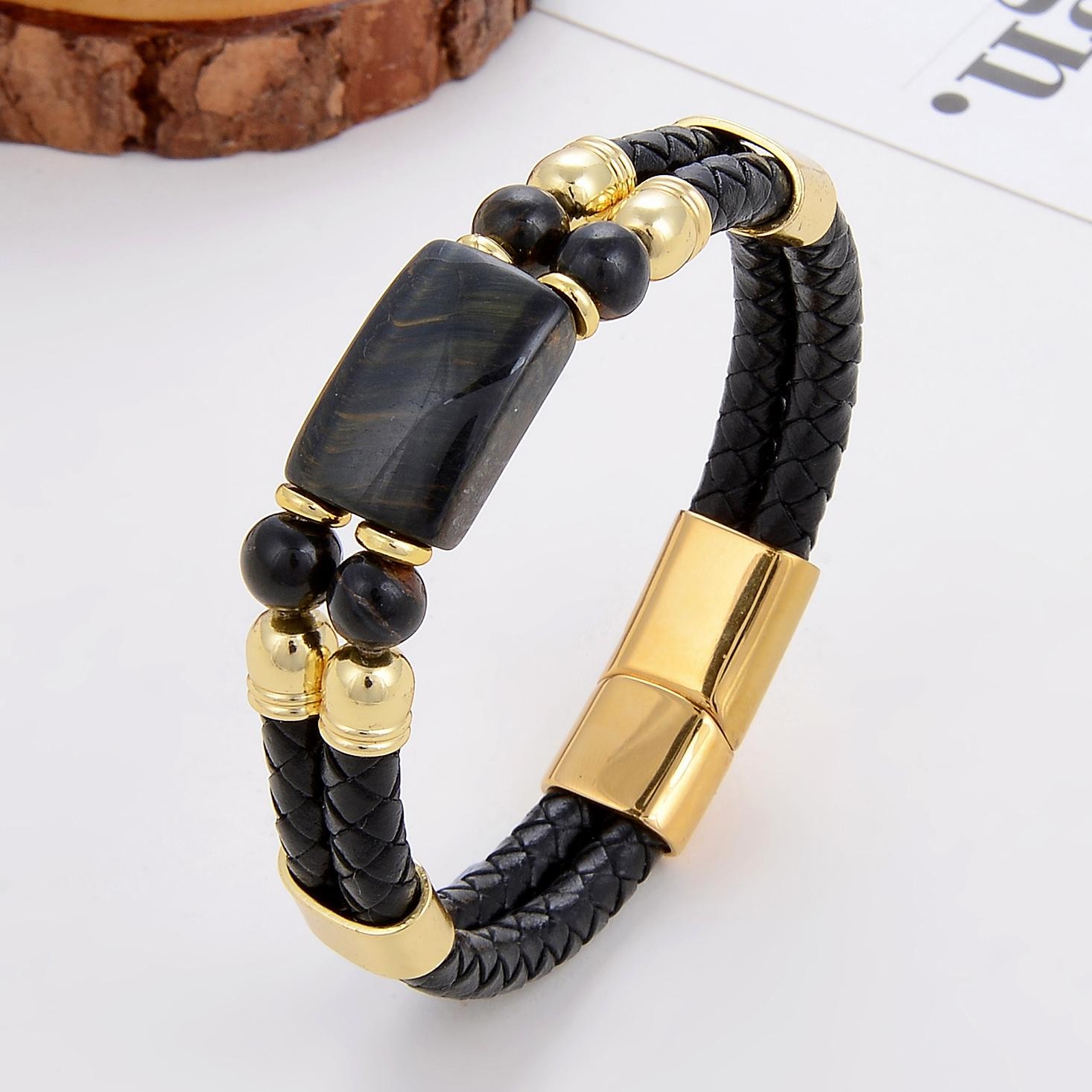 6 Style Natural Stone Bracelet Women Stainless Steel Magnetic Clasp Leather