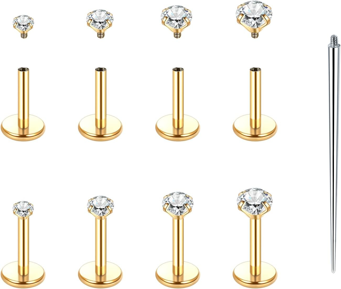 Flat Back Stud Earrings 14K Gold Plated Internally Threaded CZ Stud Piercing Jew
