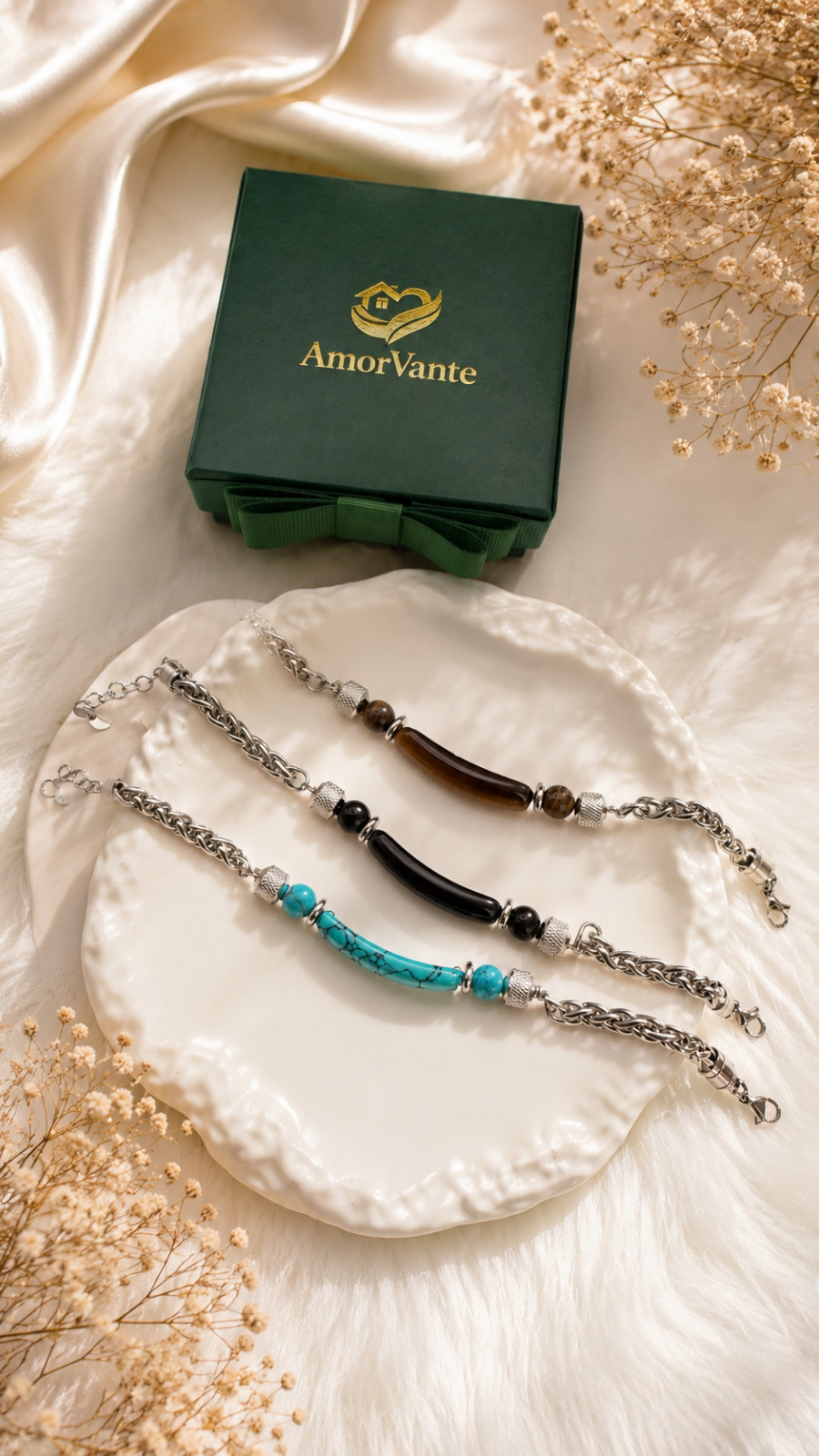 AmorVante Stainless Steel Bracelet Men Women Luxury Stone Chain Bracelet Gift
