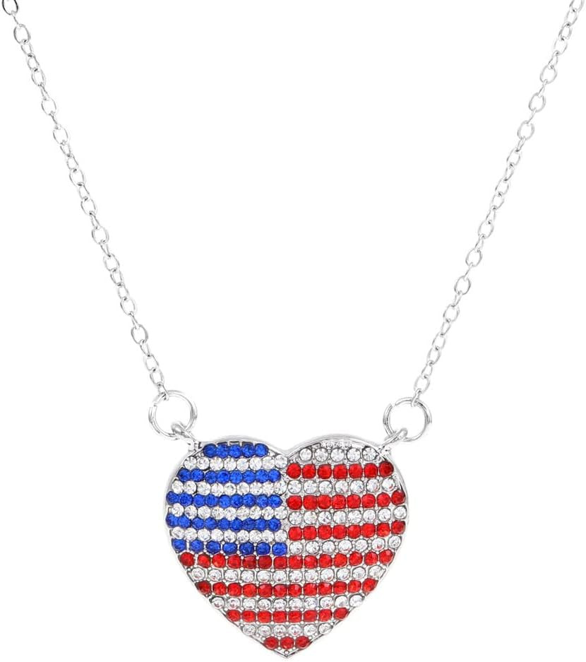 4th of July Rhinestone USA Flag Necklace Patriotic Red White Heart necklace