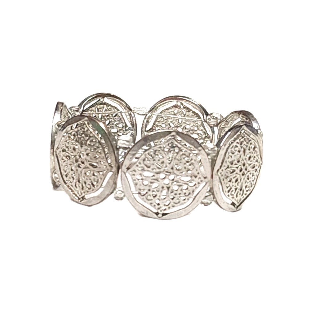 Silver Tone Filigree Round Coin Medallion Stretch Cuff Bangle Bracelet 7″ Boho