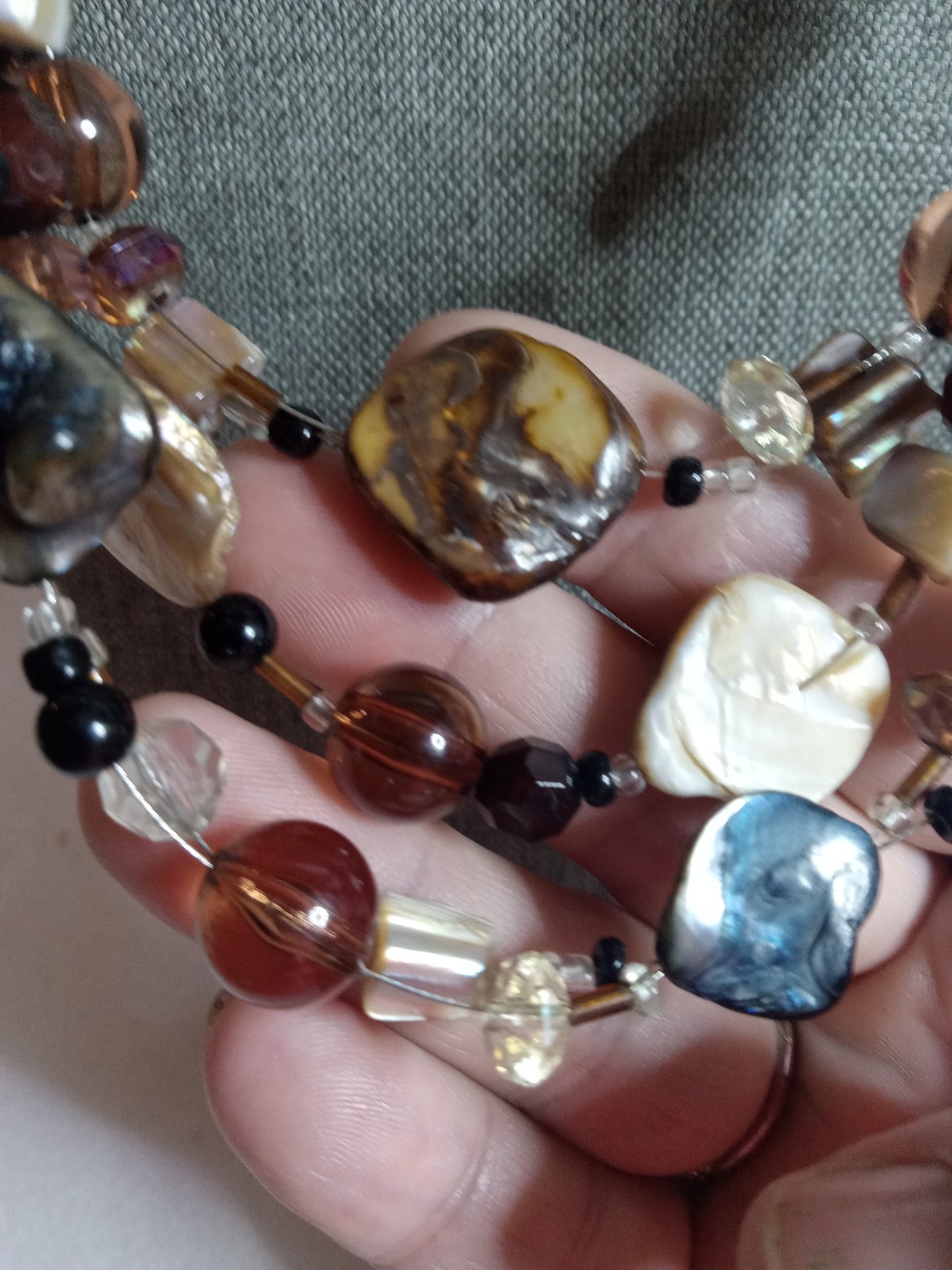 Classic Three Strand Multi- Brown Mix Bead Abalone Shell Necklace 20″ in Length