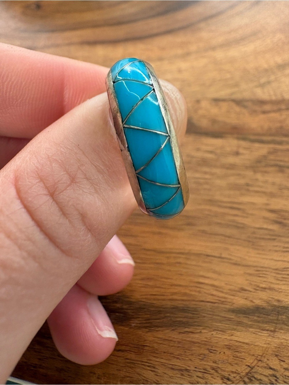 Turquoise Colored Inlay Sterling Silver Band Ring – Size 10.75