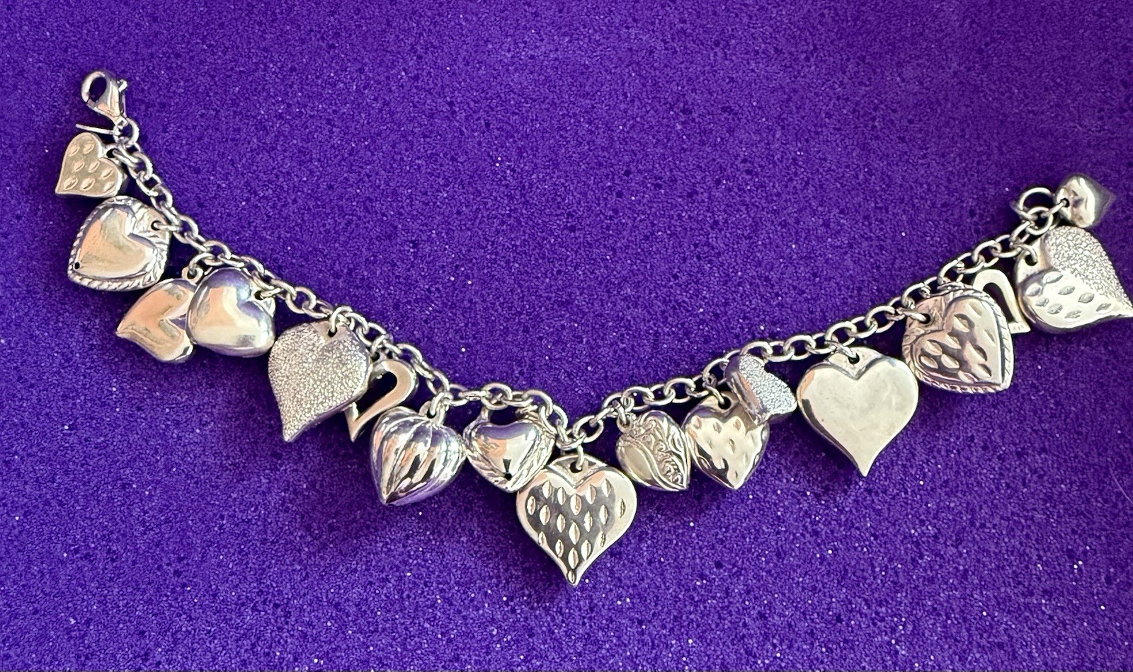 JCM Mauritius Sterling Silver 925 Heart Dangle Charm Bracelet 8” Cable Chain