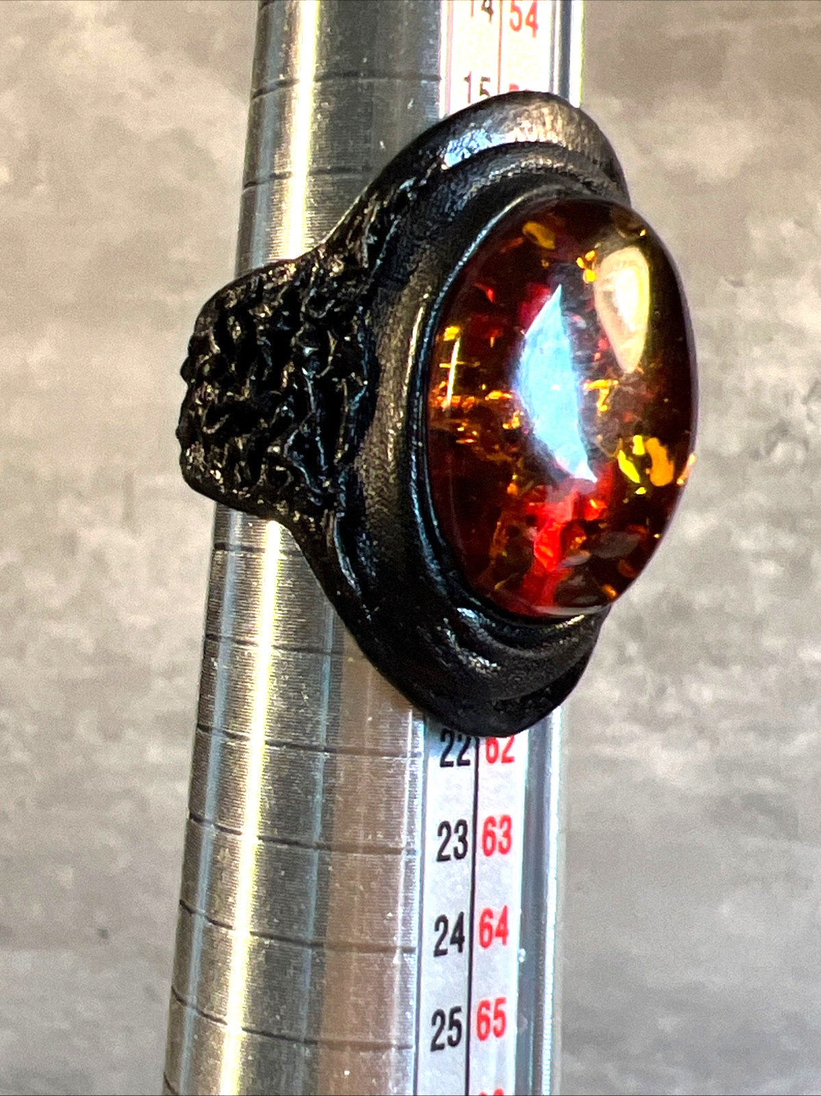 Vintage Baltic Amber Leather Adjustable Ring Distinctive Handcrafted Design 8.5″
