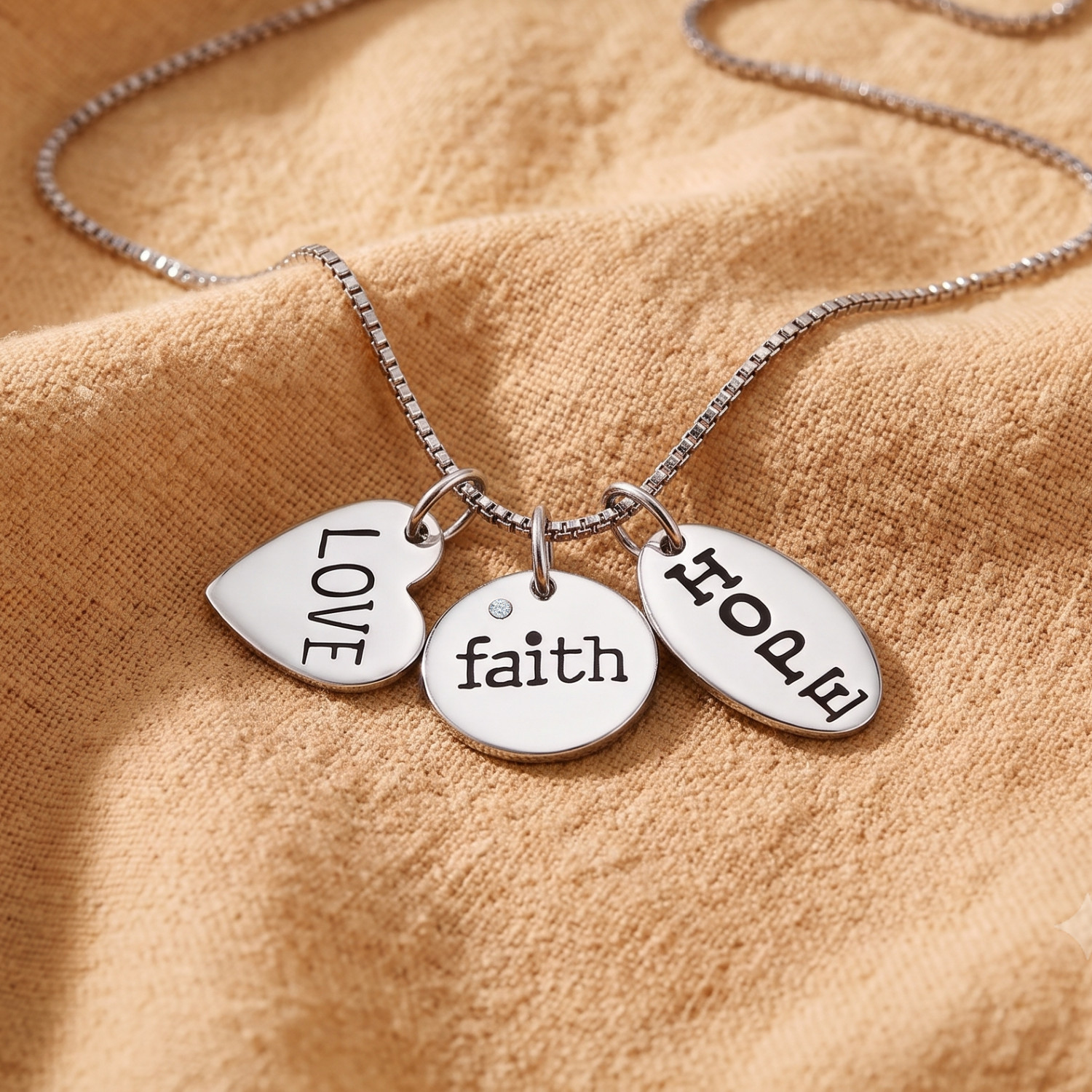 Solid 925 Sterling Silver Love Faith Hope Pendant Charm Necklace 18″ Cable Chain