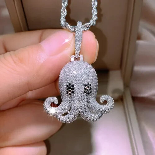 1.77 Ct Round Cut Simulated Diamond Octopus Charm Pendant 14K White Gold Plated