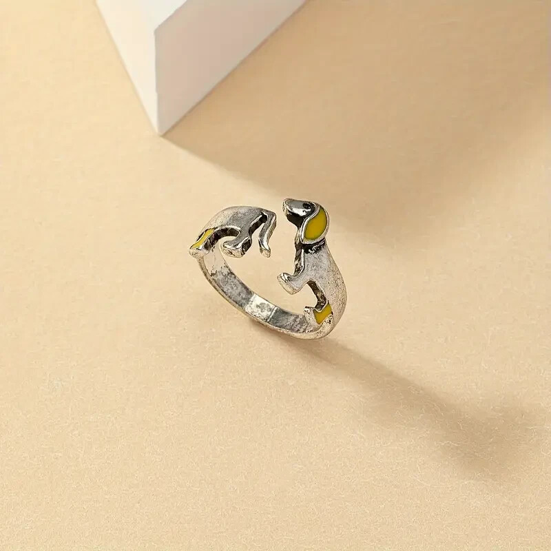 Cute Dachshund Adjustable Ring Opening Dog Lover Gift Silver Toned Jewelry Gift
