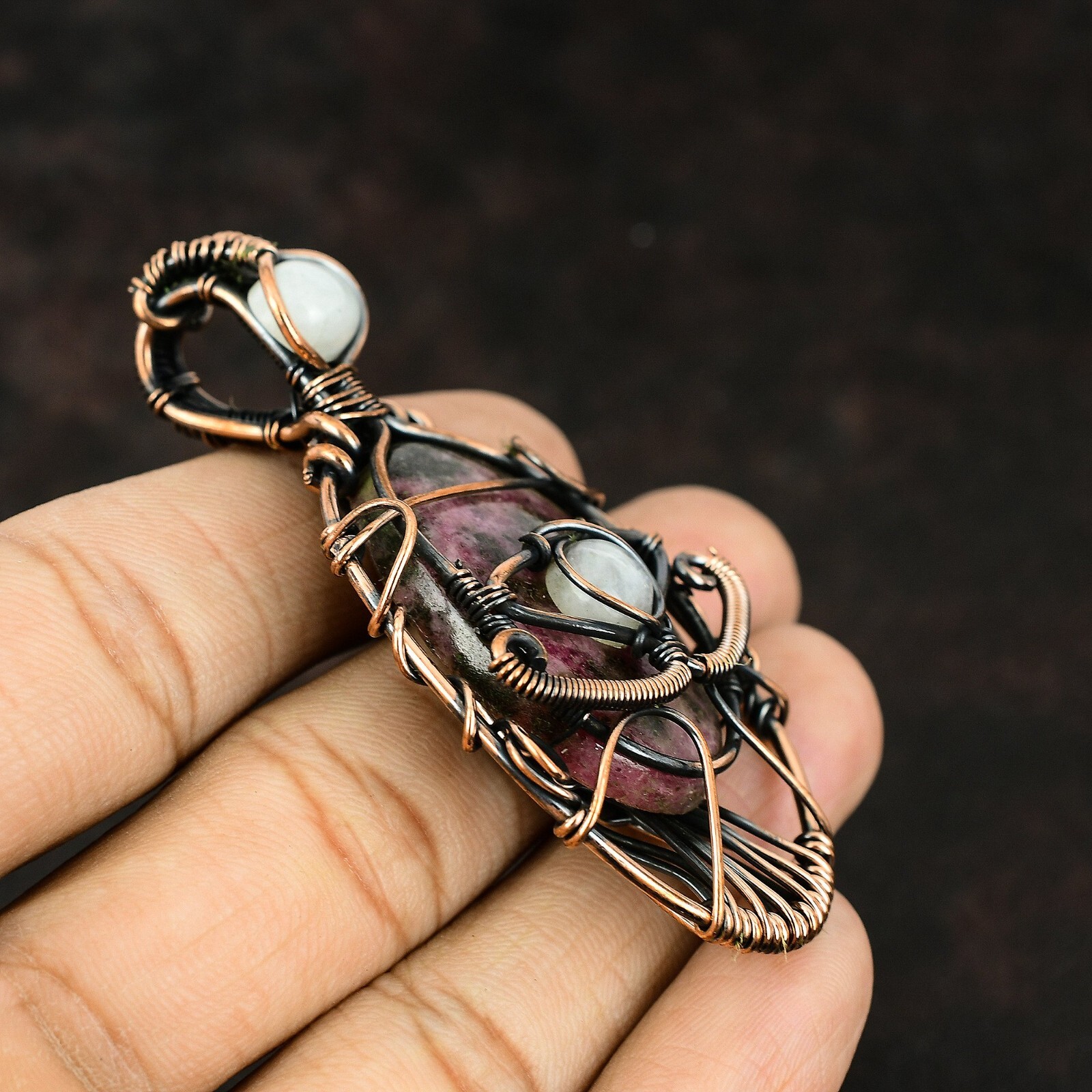 Valentines Sale Oval Rhodonite Gemstone Rainbow Moonstone Copper Pendant Jewelry