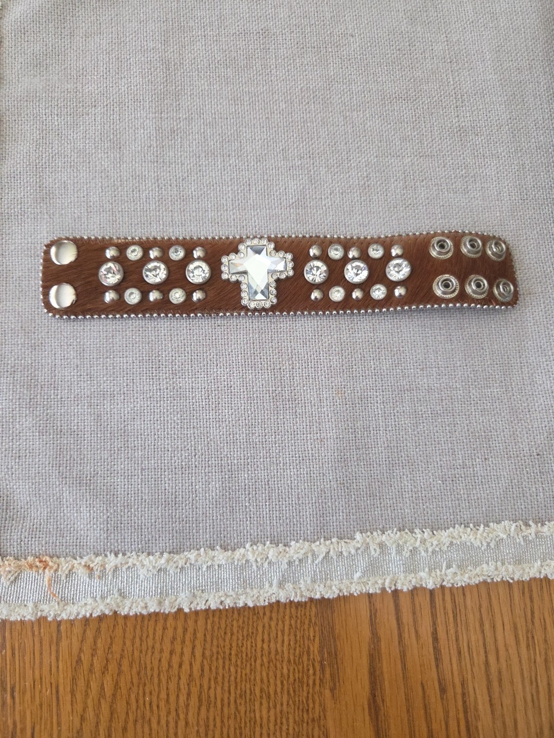 Western Style Cowhide Leather Bracelet With Cross And Gem Stones