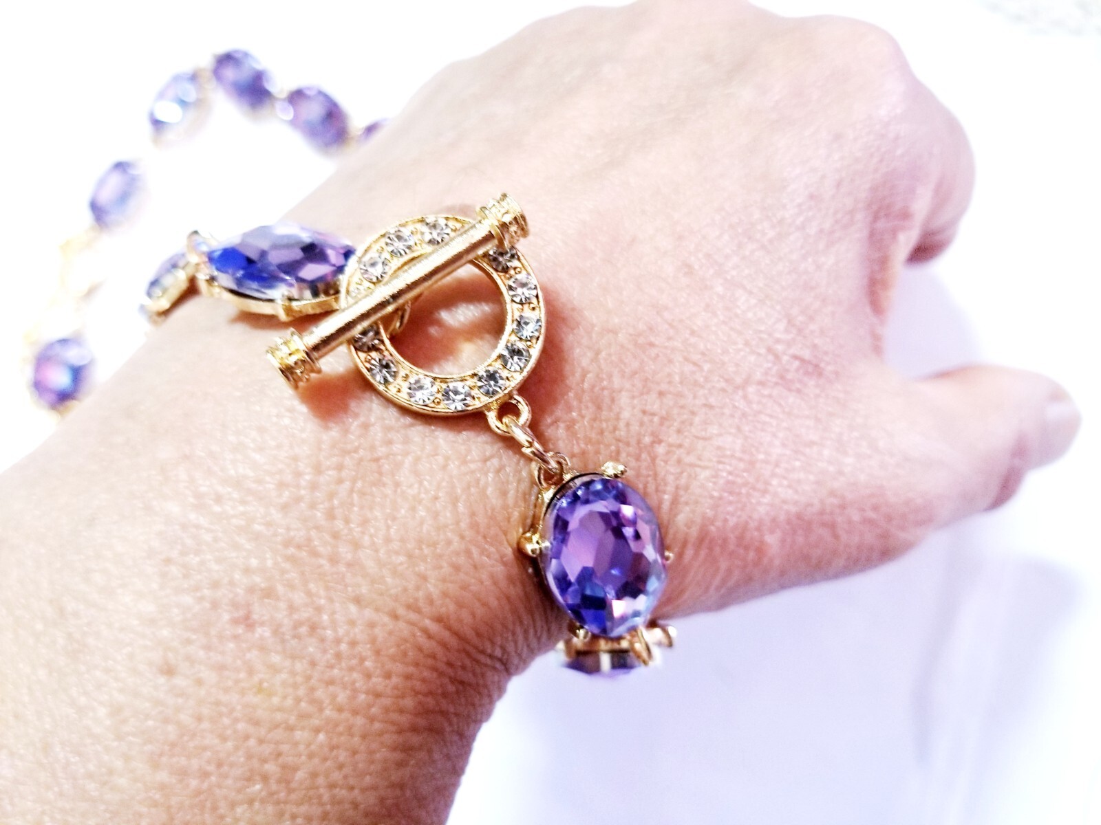 Purple Crystal Choker Rhinestone Necklace Bracelet Set Bridal Prom Pageant