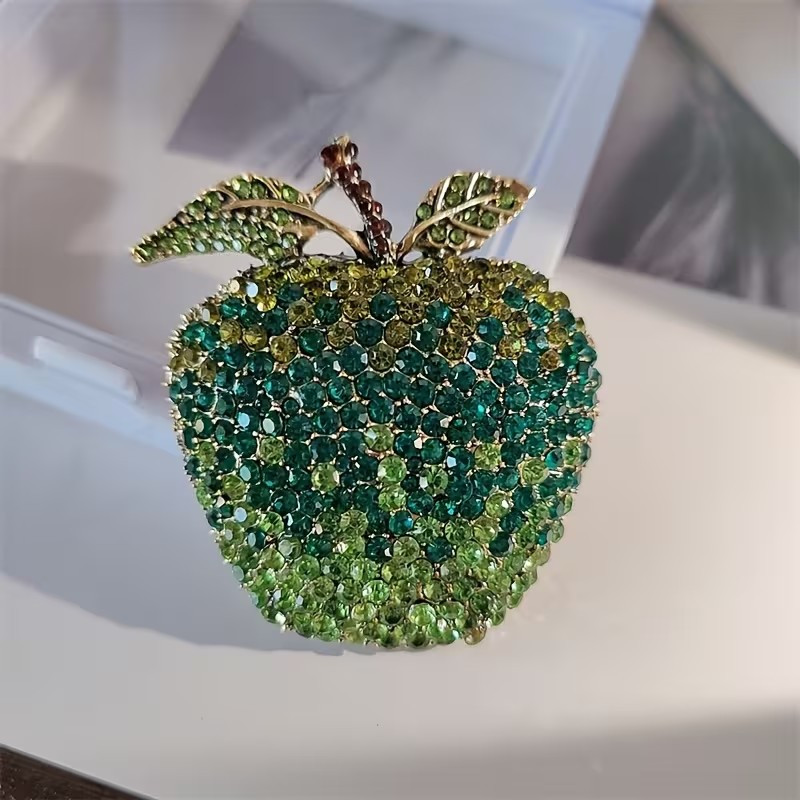 Green Apple Rhinestone Crystal Brooch Pin Gold Tone Fashion Jewelry