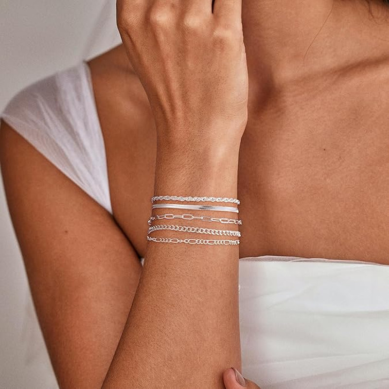 5PCS Silver Plated Bracelet Set Adjustable Stackable Chain Bracelets Women