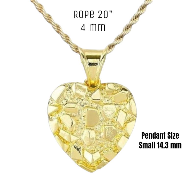 14K Nugget Textured Heart Shaped Rope Style Necklace 20″ 4mm Small Pendant 14mm