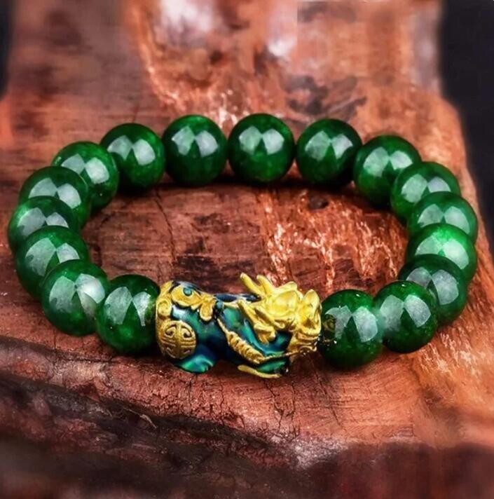 Natural Green Jade Feng Shui Pixiu Beaded Healing Chakra Handmade Luck Bracelet