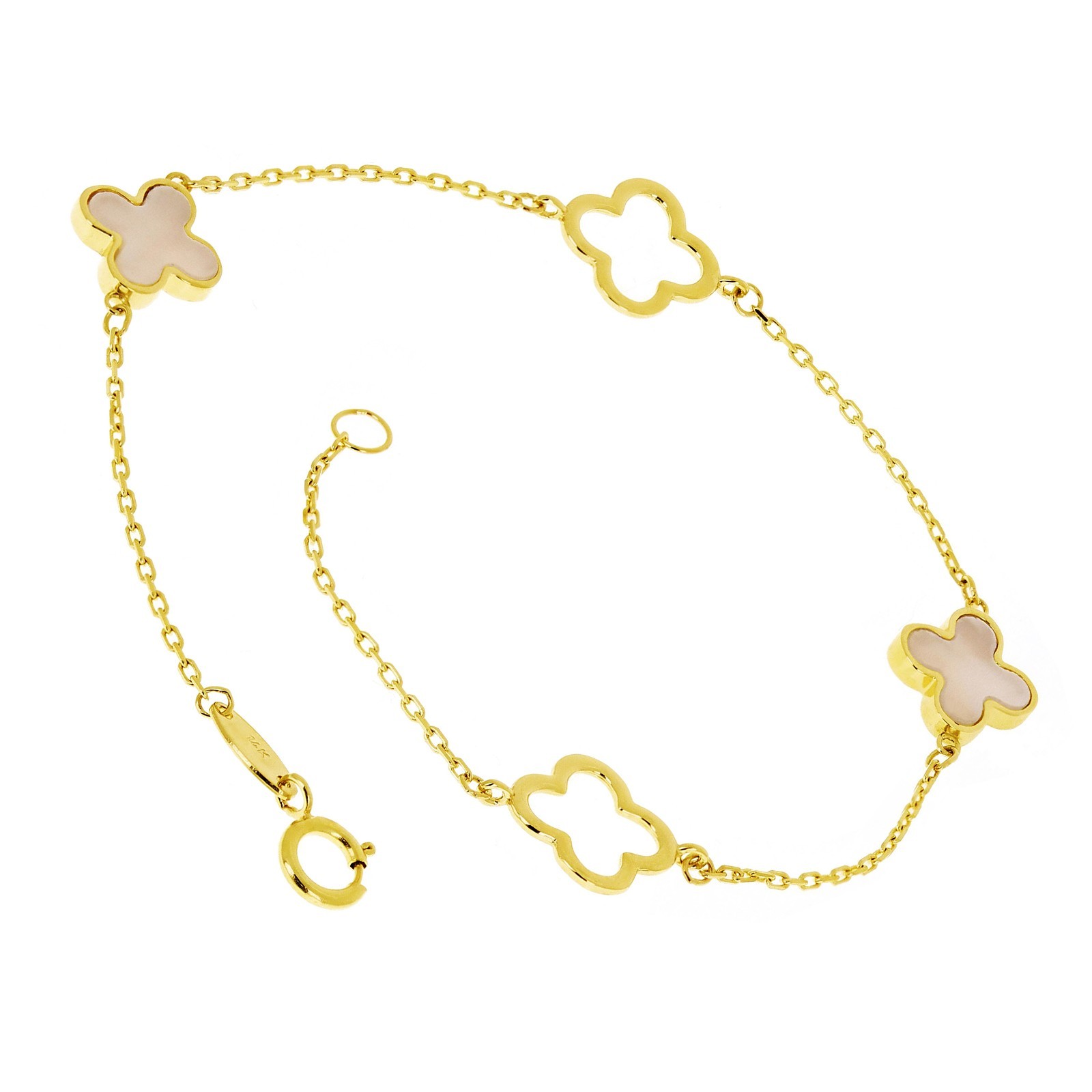 Italian 14k Yellow Gold Mother of Pearl Flower Charm Station Bracelet 7.5″ 1.9g