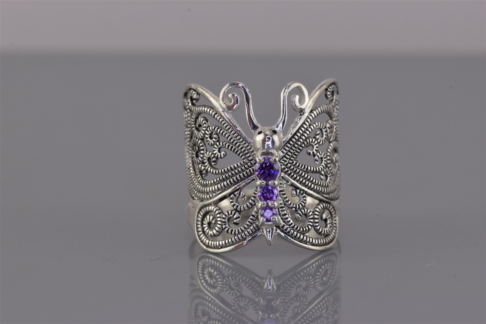 Sterling Silver 21mm Purple Amethyst Butterfly Winged Band Ring 925 Sz: 8