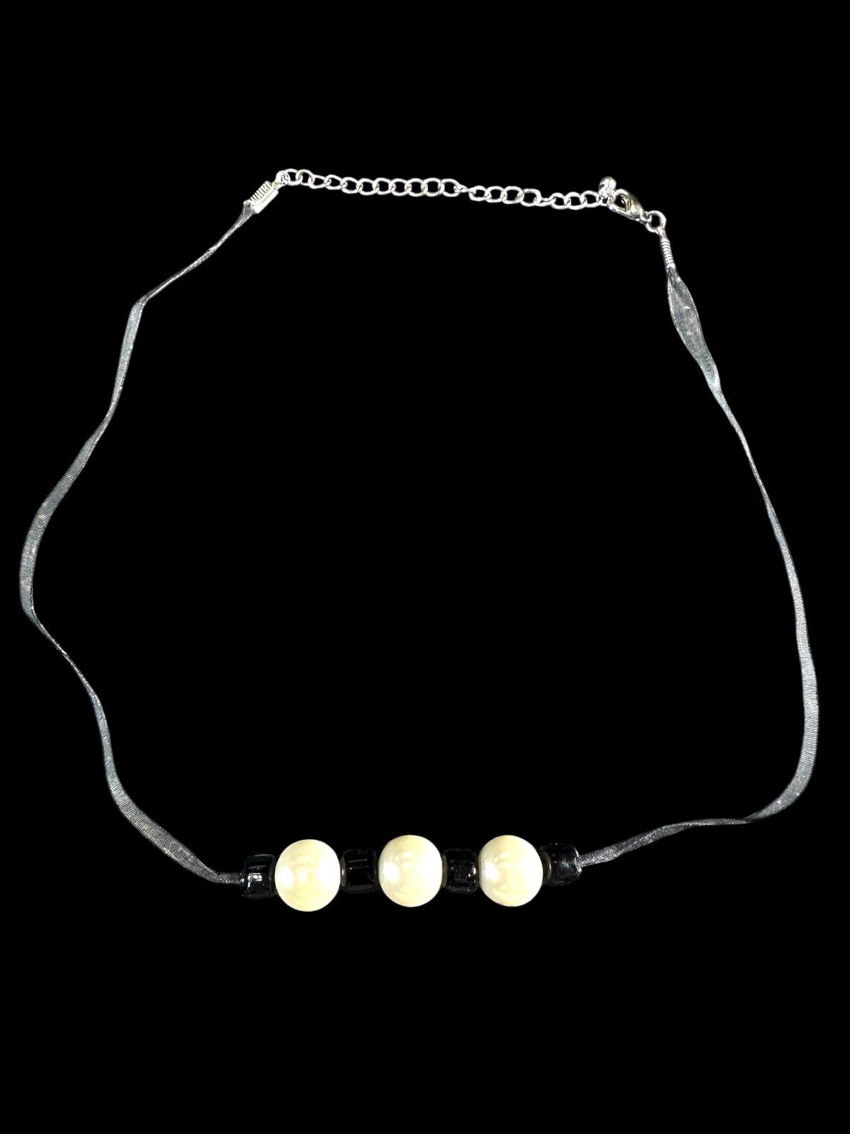 Vintage Chic Black/ Ivory Bead Necklace on 22” Black Ribbon With Extension Chain