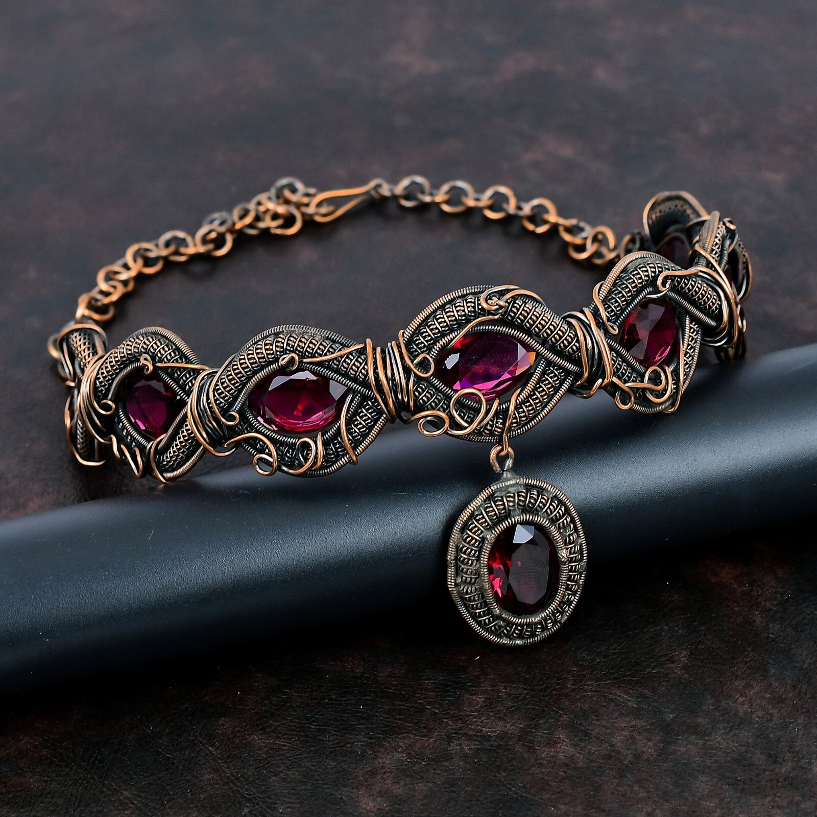 Gift For Her Rubellite Wire Wrapped Chain Adjustable Necklace Copper 18.0″