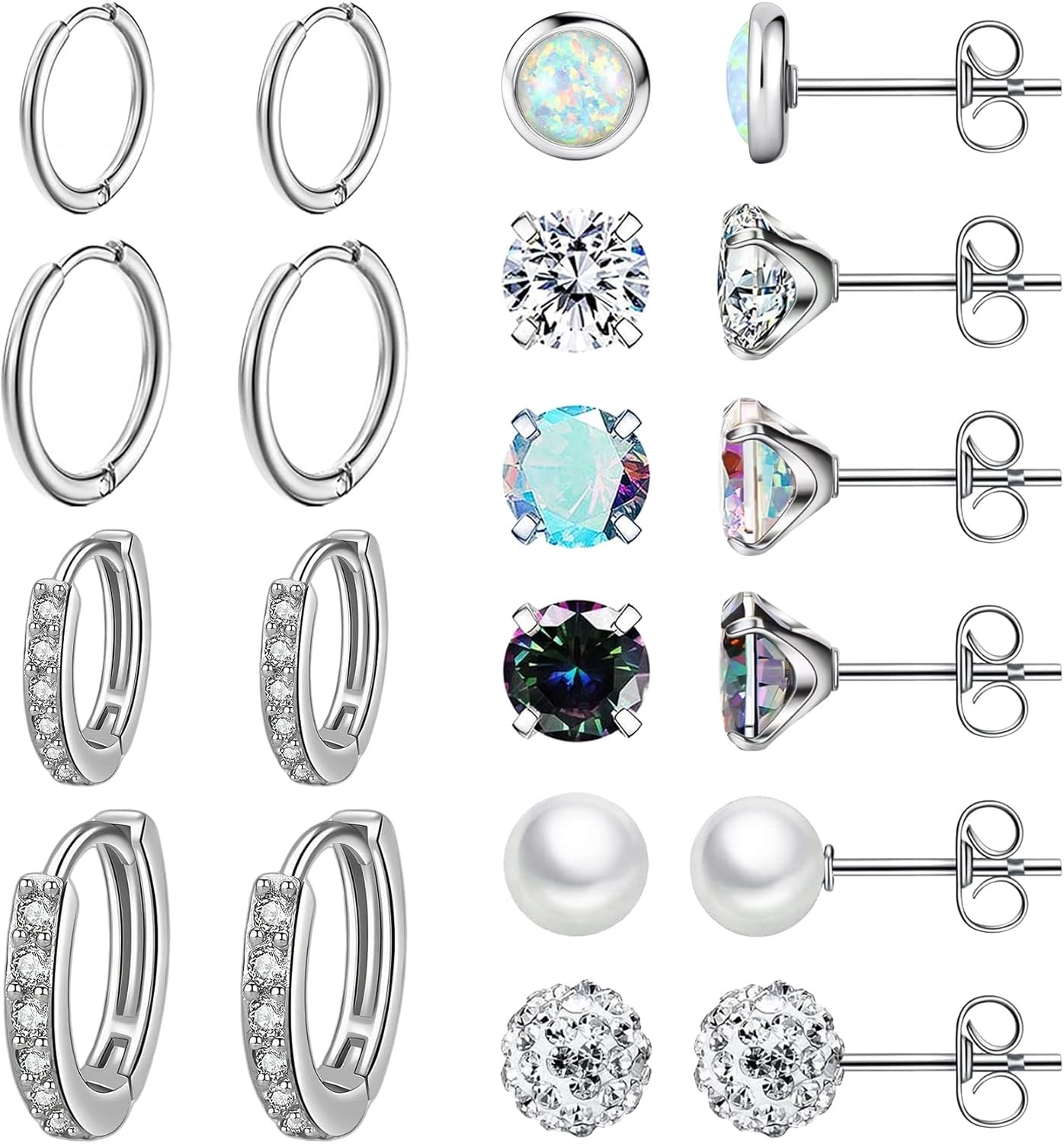 10 Pairs Stainless Steel CZ Stud Earrings 20G Cartilage 8mm 10mm Hoop Set Unisex