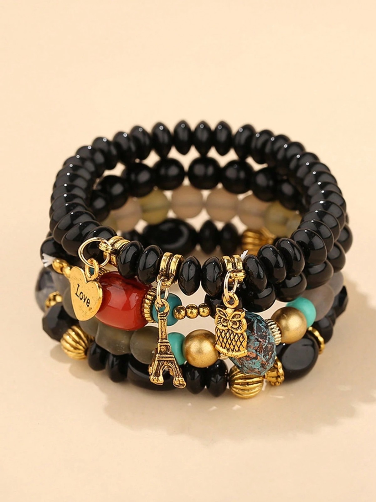 4PCS Boho Beaded Layered Bracelets Heart Owl Ladies Girls Women’s Jewelry Gift