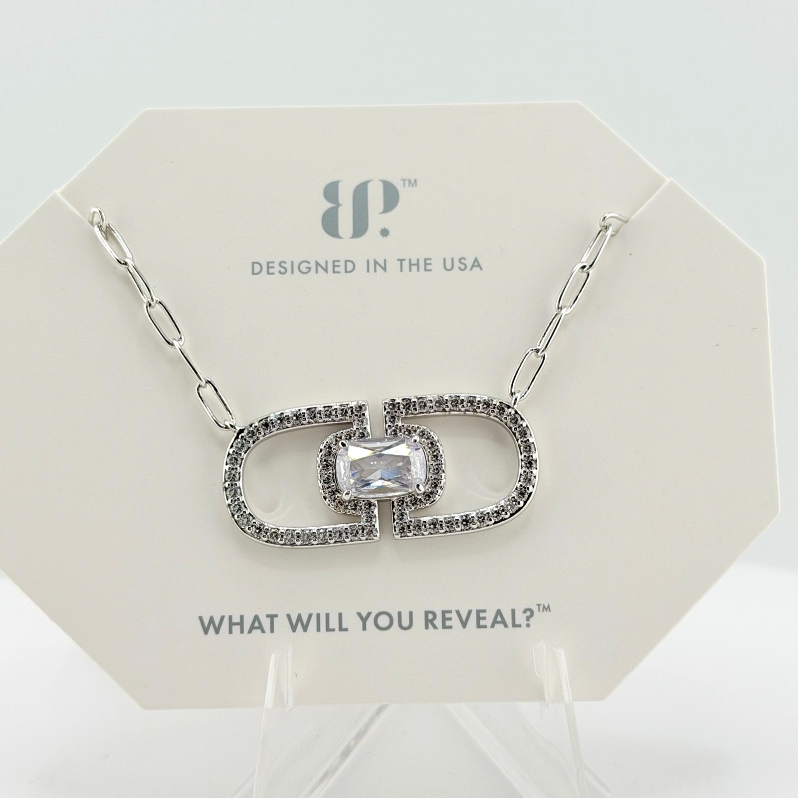 Bomb Party Necklace NK96640 “Inner Power Shines Through” Clear CZ on Rhodium
