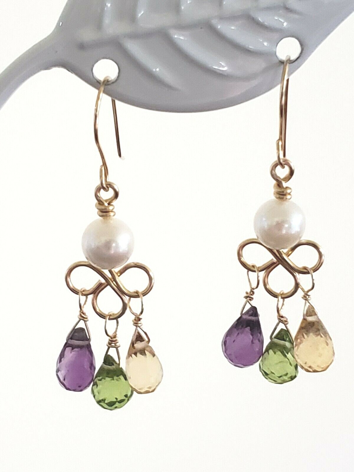 14k Yellow Gold Amethyst, Peridot, Citrine Briolettes Pearl Chandelier Earrings