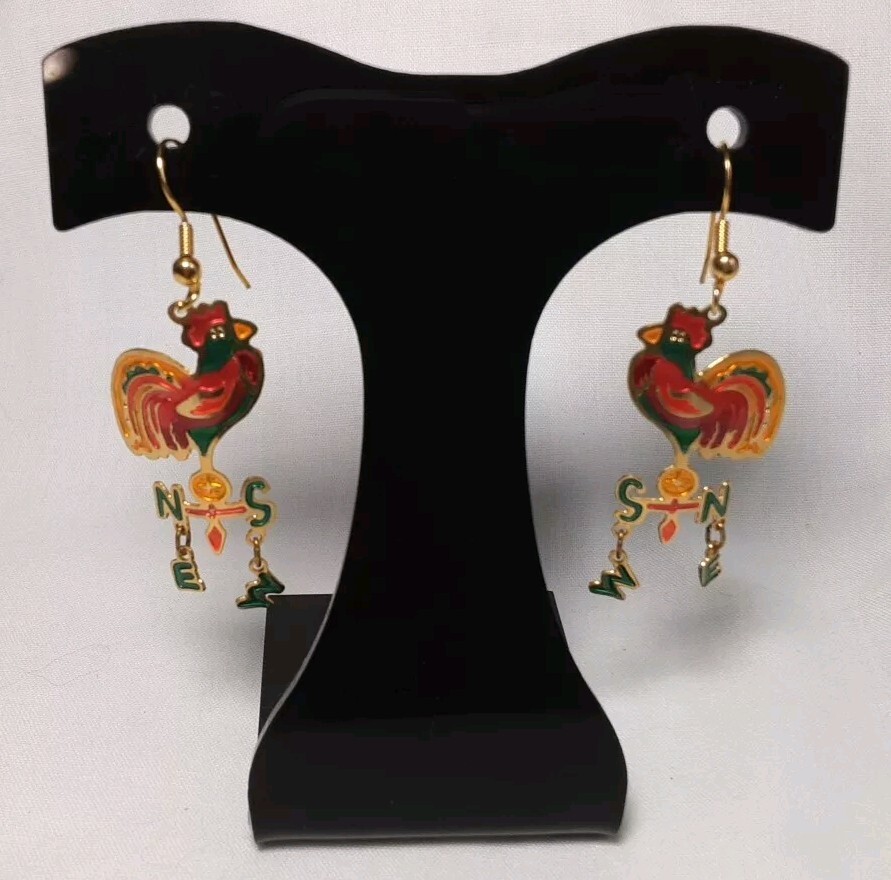 Earring Gold Tone Cloisonne Multicolor Chicken Roaster Dangle N S W E Pierce