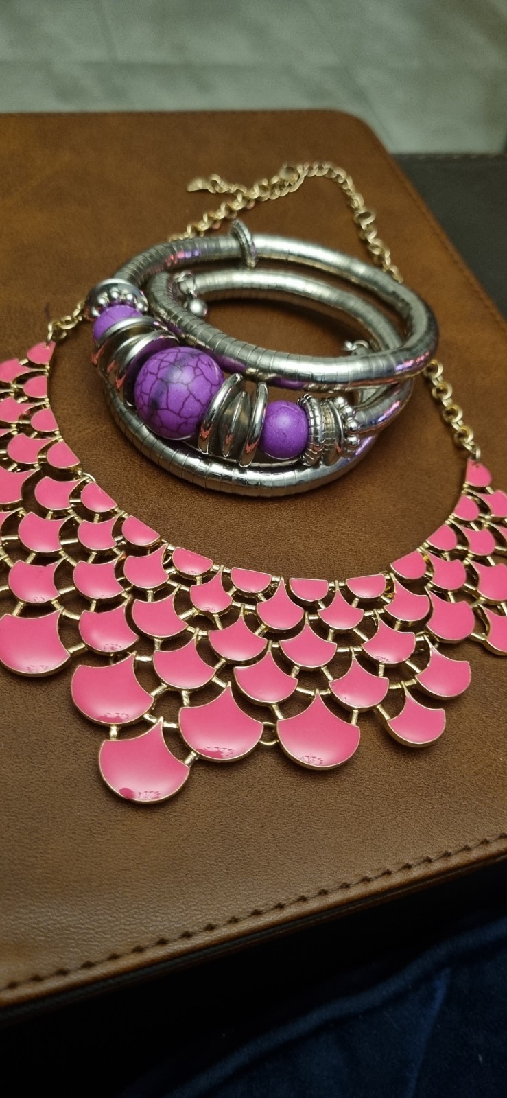 Pink Enamel bundle X 2 Gold-Tone Chain Clasp. Bangle Silver Wrap Purple Shade