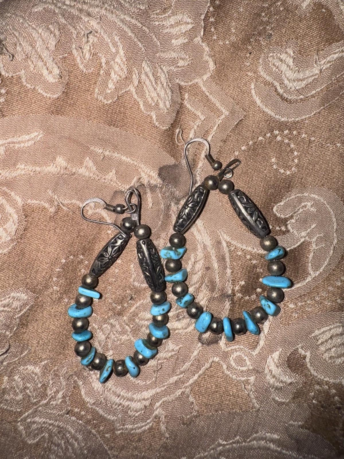 Turquoise Stone Beaded Dangle Drop Earrings Vintage, Boho, 1.5″ Length