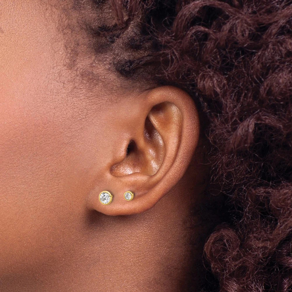 Sterling Silver Gold-Tone 3mm And 5mm CZ Bezel Post Earrings Set