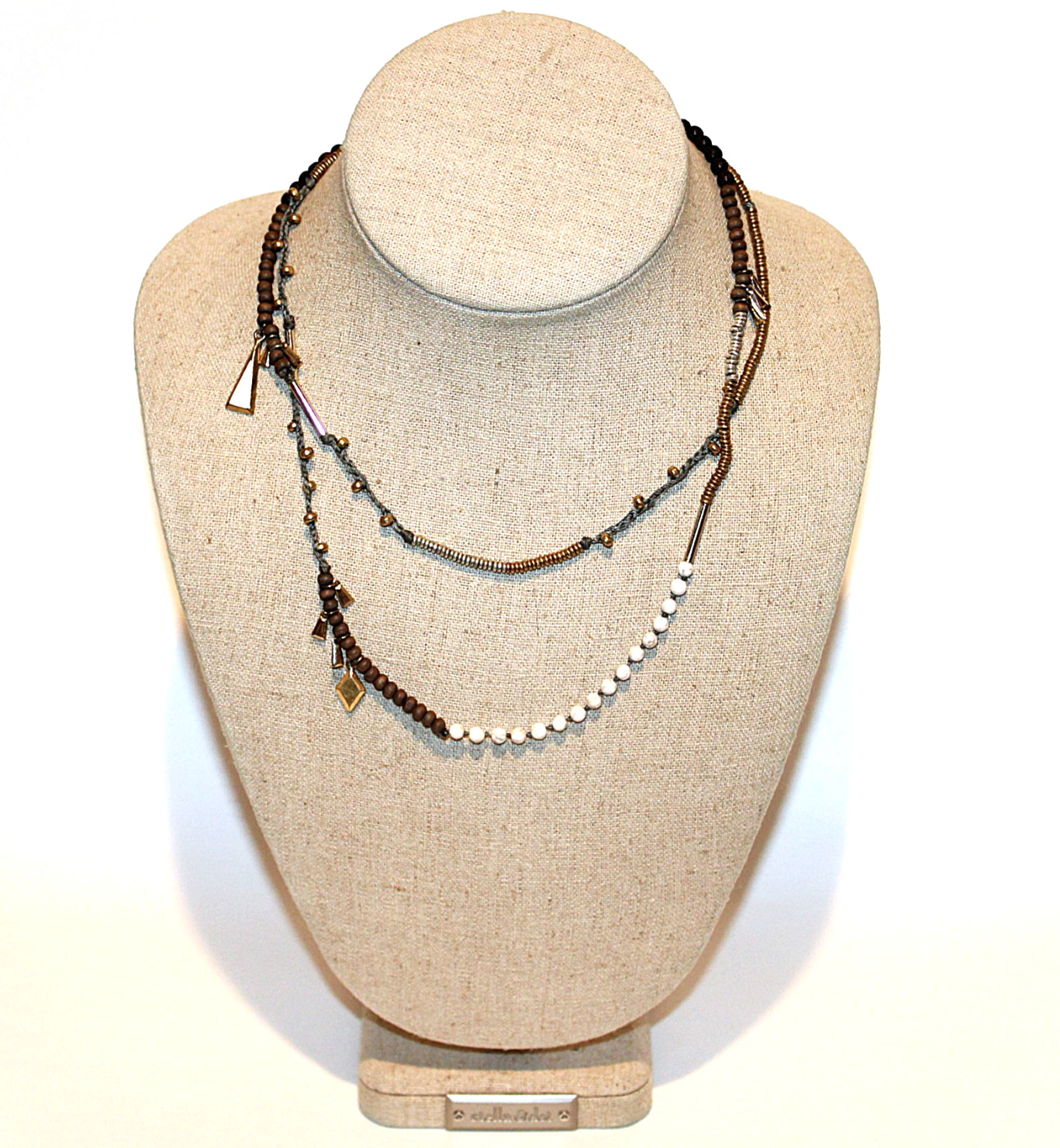 Stella & Dot 33″ Necklace Boho Multi-Element Cotton, Wood, Metal, Stone Beads