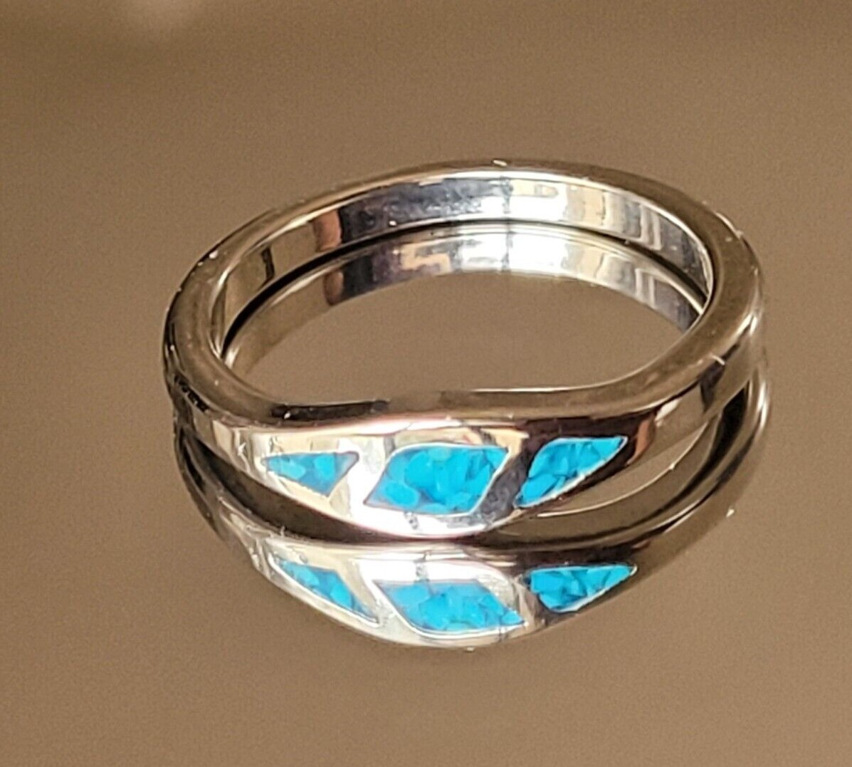 Silver Plated Genuine Turquoise Chip Inlay Ring Southwest Eyes Shape Band Ring