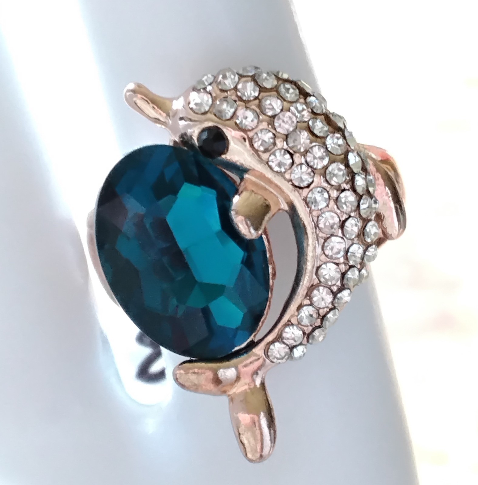 AUSTRIAN CRYSTAL AQUA MARINE CZ DOLPHIN Fashion Ring💙 Beach Beautiful Size 8.5″