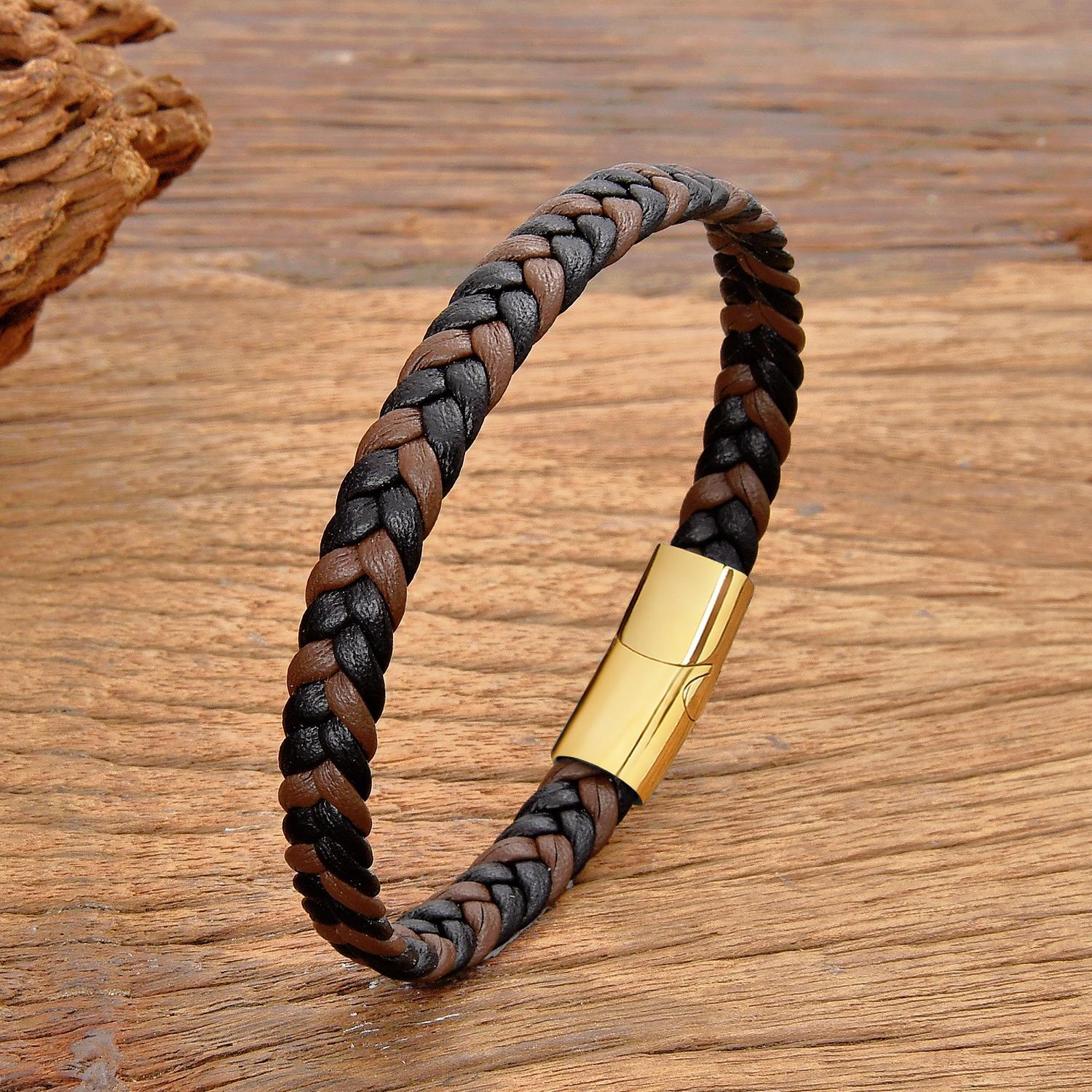 Simple Classic Stainless Steel Bracelet for Women & Men, Braided Leather Bangle