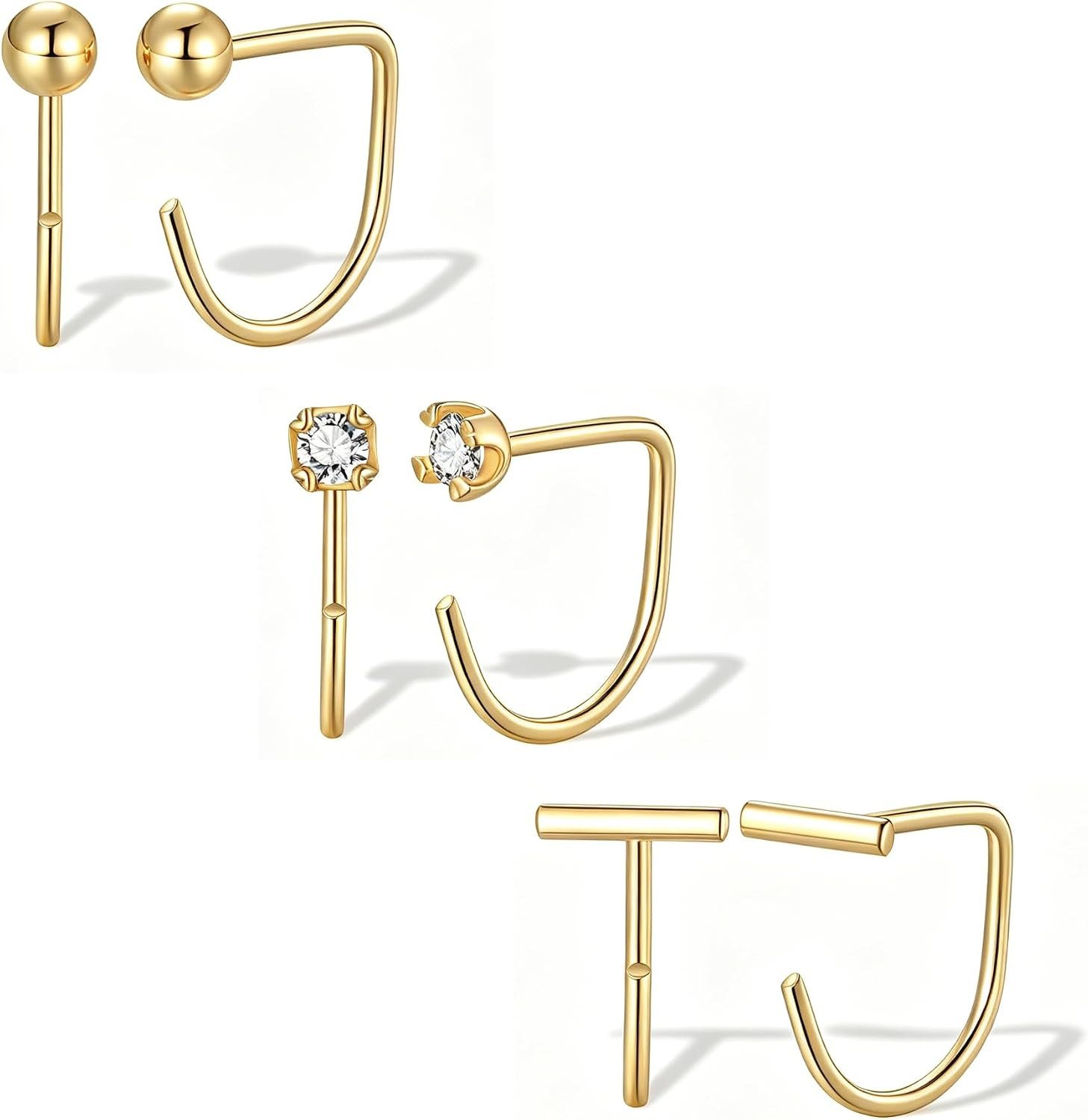 Backless Half Hoop Earrings for Women，3 Pairs 14K Gold Plated Stay Close No Back