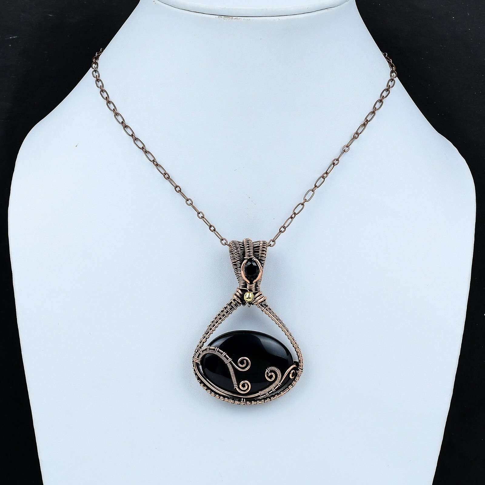Black Onyx Wire Wrapped Pendant Handcrafted Copper Dailywear Jewelry 2.68″