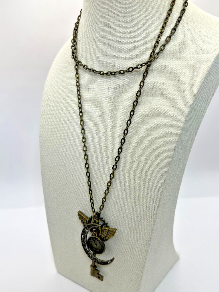 Whimsical Steampunk Charm Necklace Key Wing Clock Pendant Long